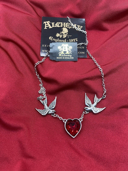 Alchemy Gothic ULFP1 Swallow Heart Necklace Pendant Red Crystal IN HAND