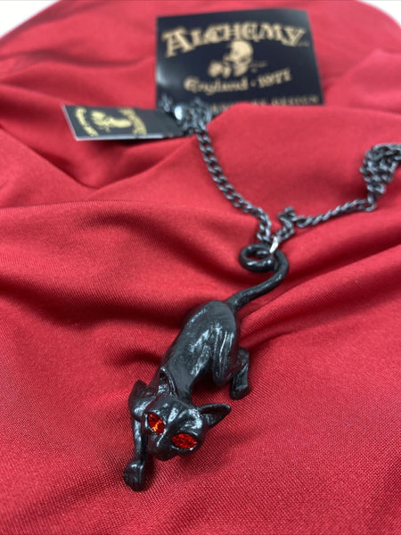 Alchemy Gothic P816  Cat Sith Pendant Necklace Black Red Crystal Eyes IN HAND