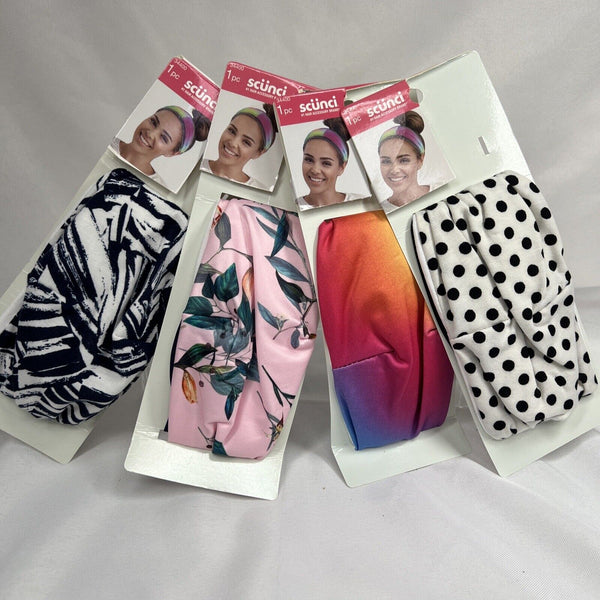 (4) Scunci Head Wrap Headband Hair Tie Active Purple Pink Black Polkadot Rainbow
