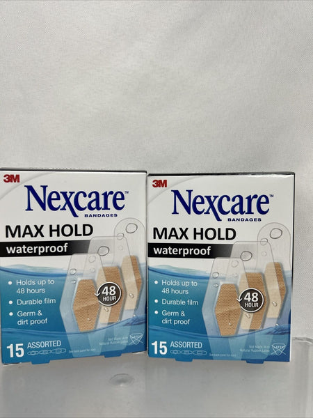 (2) Nexcare Bandages Max Hold Waterproof Bandages, Germ-proof 15 Count Assorte