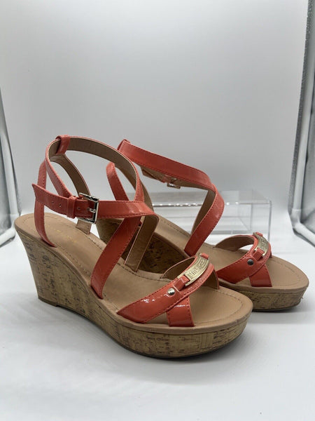 Tommy Hilfiger Melanite-T Women US 9 Coral Orange Cork Wedge Sandal Sling Back x