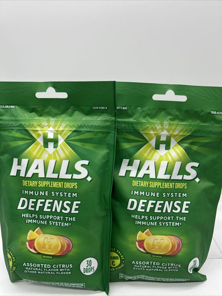 (2) Halls Defense Vitamin C Immune Supplement Citrus Cough Drops 30ct Lemon Oran