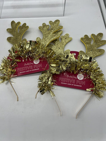 (2) Pack Party Light Up Antler Christmas Novelty Headband Gold Couples