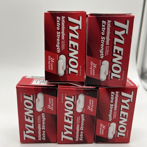 (5) Tylenol Extra Strength 500mg 24 Caplets Each 120 TOTAL 1/27