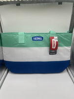 Thermos 18 Can Cooler Bag Lunch Tote Insulated Zip Closure Stripe White Blue Ice
