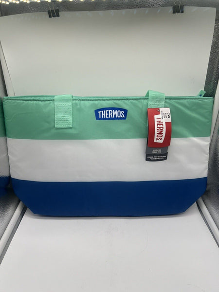 Thermos 18 Can Cooler Bag Lunch Tote Insulated Zip Closure Stripe White Blue Ice