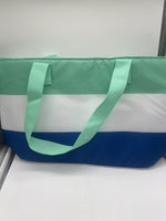 Thermos 18 Can Cooler Bag Lunch Tote Insulated Zip Closure Stripe White Blue Ice