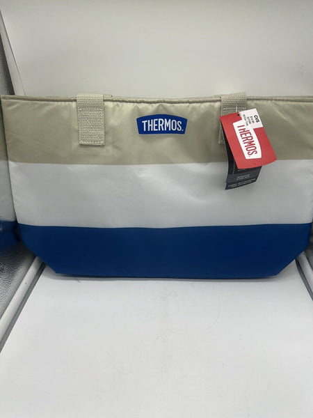 Thermos 18 Can Cooler Bag Lunch Tote Insulated Zip Closure Stripe White Blue Tan