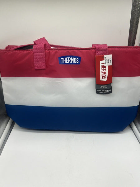 Thermos 18Can Cooler Bag Lunch Tote Insulated Zip Closure Stripe White Blue Pink