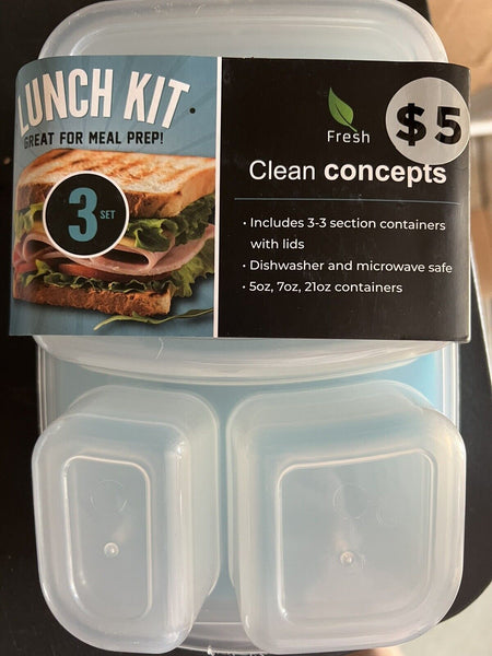 3pk Food Storage Box Lunch Bento  Container Microwave Freezer 3 Section Divider