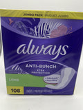 Always Anti-Bunch Extra Protection Leak Guard Long Liners Twin 54ct 108 Pads Ttl