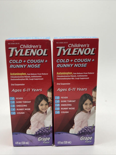 (2) Children's Tylenol Grape Flavor Cold + Flu Cough Runny Nose Liquid 4oz 12/25