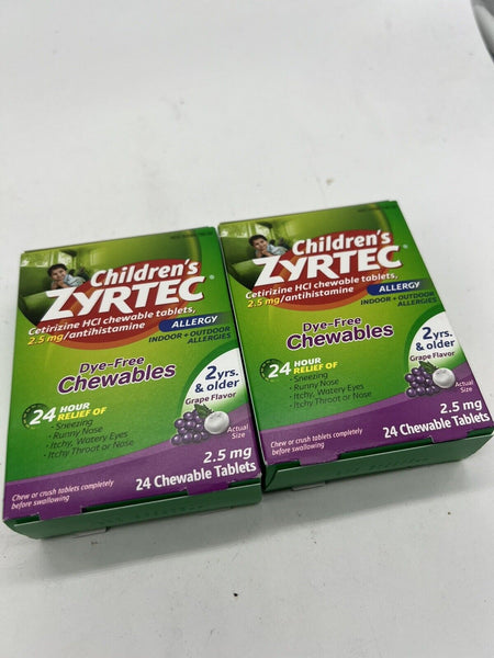 (2) Children's Zyrtec Dye-Free Chewables Melt 24 Tabs Grape Allergy 2.5mg 9/25