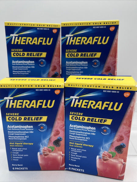 (4) Theraflu Cold Relief Daytime Formula Berry Burst 4 X6 Packets 24ttl 7/26