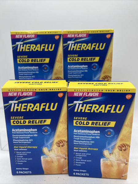 (4) Theraflu Daytime Cold Relief Powder, Honey Ginger 6 Packets Each 2/25