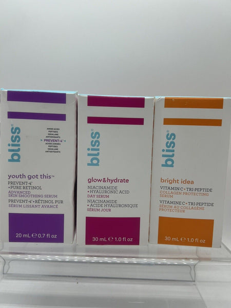 (3) Bliss Serum Set Bright Vitamin C Tri-Peptide Collagen Prevent-4 Retinol Glow