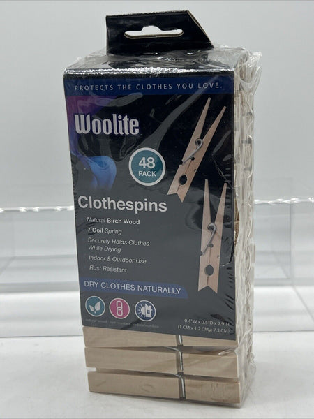 Woolite 48 Count Birch Wood Clothespins Laundry Hang Coil Spring Indoor Outdoor