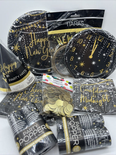 9pc Happy New Year Eve Holiday Party Set Paper Plates Hat Tiara Popper Napkins