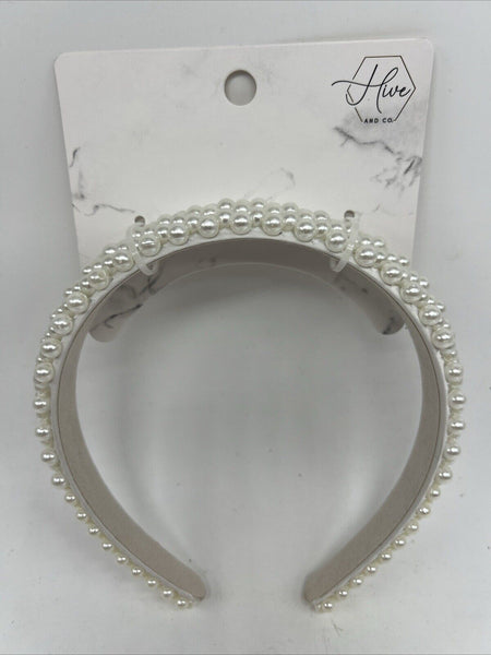 Hive and Co. Faux Elegant Classy White Pearl Headband Beige Cocktail Party NYE