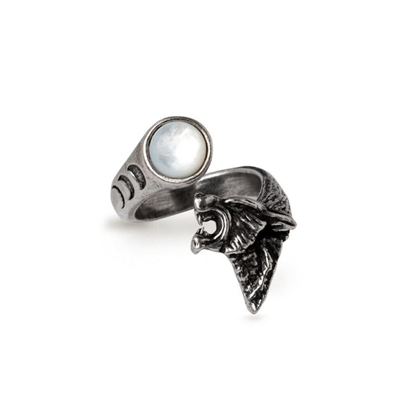 Alchemy Gothic R247 Howl At The Moon Ring Wrap Finger Wolf Pearl Moon