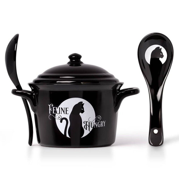 Alchemy Gothic China MRB7 Feline Hungry Bowl Lid & Spoon Set Oven Microwave Cat
