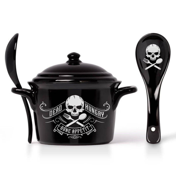 Alchemy Gothic China MRB3 Bone Appetit Bowl Lid & Spoon Set Oven Microwave Skull