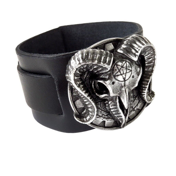 Alchemy A102 Gears of Aiwass Wrist Strap Gothic Ram Skull Black Leather Buckle
