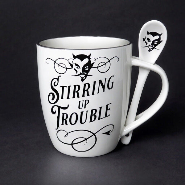 Alchemy Gothic ALMUG17 Stiring Up Trouble Cup & Spoon White Black Coffee Mug Tea