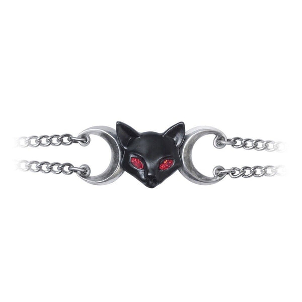 Alchemy Gothic A135 Worshipping Bastet Bracelet Black Cat Red Eyes Moon Chain