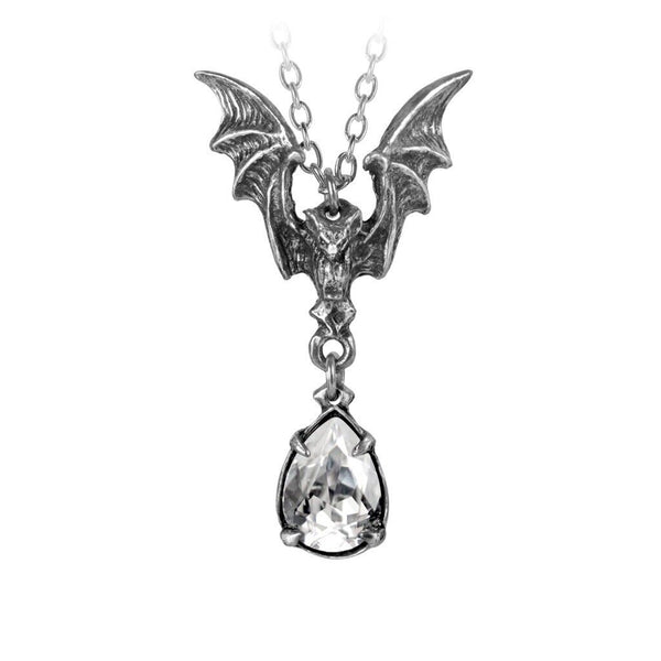 Alchemy Gothic P600  La Nuit Pendant Necklace Pewter Bat Wing Crystal Teardrop