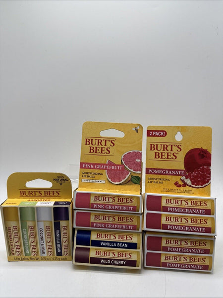 (12) Burt's Bees Beeswax Lip Balm Coconut mint Pomegranate vanilla Grapefruit