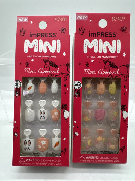 (2) Impress Mini Press On Manicure kid Nails Spring Petite Easter Bunny Egg Pink
