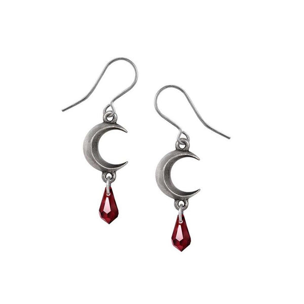 Alchemy Gothic E477R Moon Red Earrings Red Crystal Tear Drop Crescent Dropper