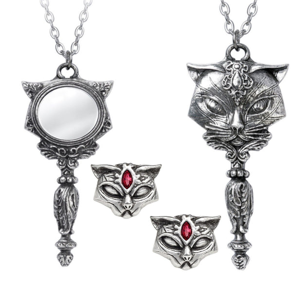 Valentine Day Set Alchemy Gothic P889 Sacred Cat Vanitas Necklace & E406 Earring