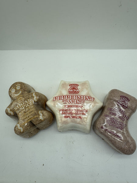 (3) Pacha Peaces SOAP Gift Set Froth Bomb Spice Pine Peppermint Gingerbread Man
