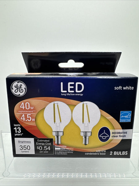 GE 40w/4.5W 24535 Candelabra Base G16 Clear Dimmable LED Bulb Soft White  2-Pack