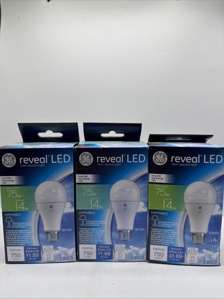 (3) GE 75w/14w Lighting 45657 Reveal LED A21 Light Bulb 750 Lumen
