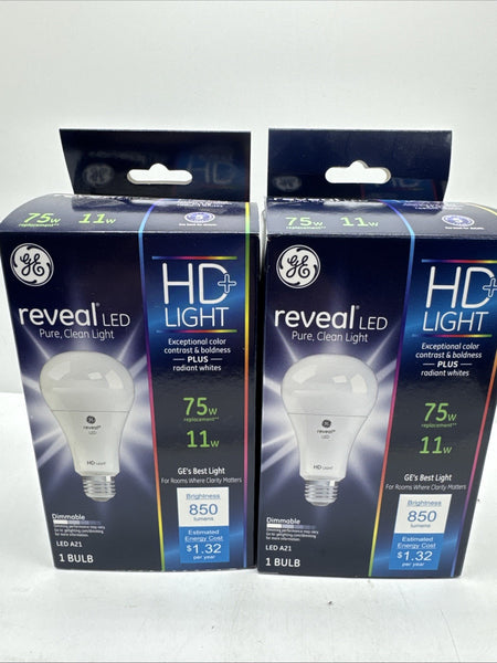 (2) GE Reveal LED 75w/ 11w Watts A21 Base Bulb 850 Lumens Pure Clean Light