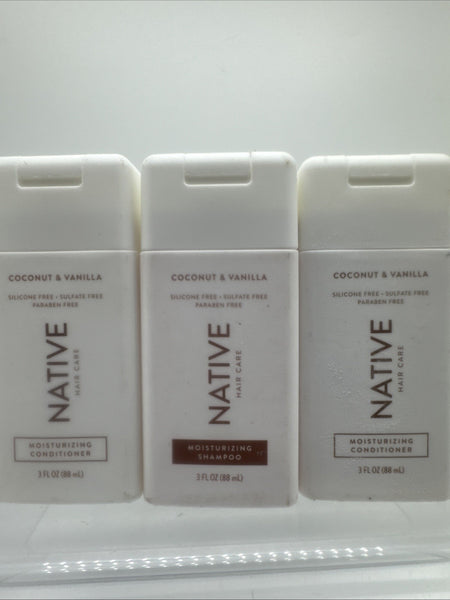 (3) Native coconut Vanilla Moisturizing Shampoo & Conditioner Travel  3oz