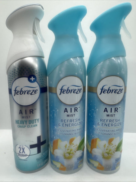 (3) Febreze Air Mist REFRESH & ENERGIZE Air Freshener Heavy Duty Odor 8.8oz