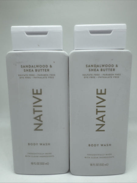 (2) Native Body Wash Men & Women Sandalwood & Shea Butter Sulfate Free - 18oz