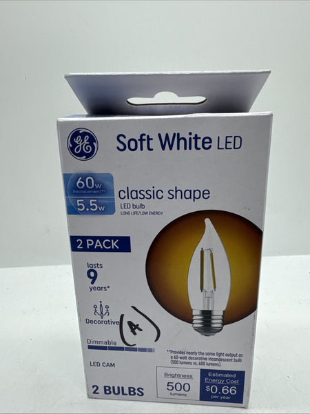 (A) GE 60w/5.5w Clear Soft White Blunt Tip BC LEDs w/Candelabra Base 2 Pack