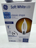 (A) GE 60w/5.5w Clear Soft White Blunt Tip BC LEDs w/Candelabra Base 2 Pack