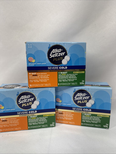 (3) Alka-seltzer Plus PowerFast Fizz Severe Cold Day Night Lemon 24 Effervescent