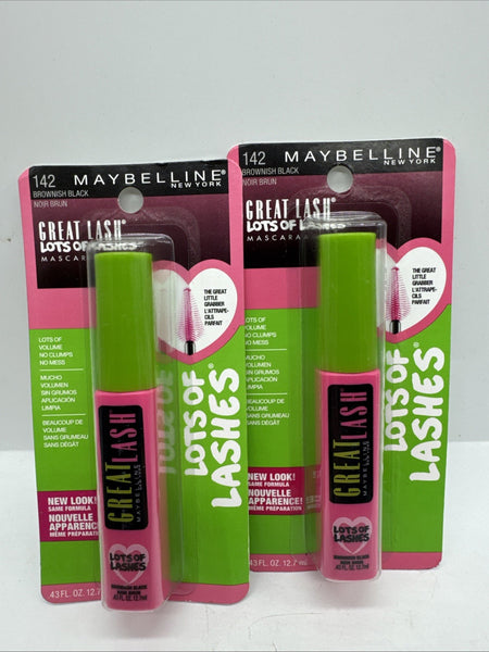 (2) Maybelline 142 Brown Brownish Black Great Lash Mascara Volume No Clump