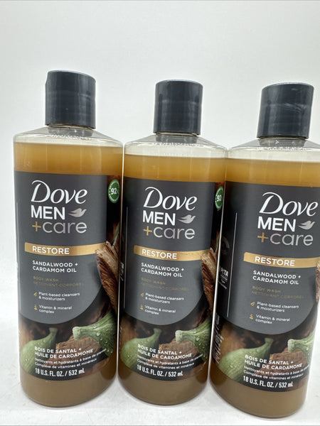 (3) Dove Men+Care Restoring Liquid Body Wash Sandalwood + Cardamom Oil 18 oz
