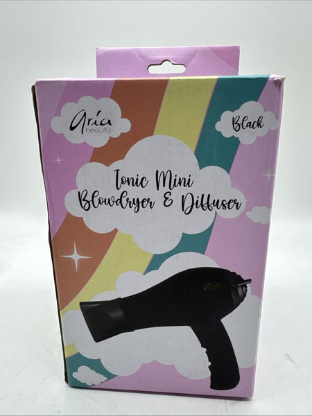 Aria Beauty Ionic Mini Hair Blow Dryer &Diffuser Set Black Compact Fold High Low