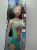 Beach Barbie Doll With Black Hair Wearing Tropical Blue Swimsuit Flamingo