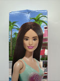 Beach Barbie Doll With Black Hair Wearing Tropical Blue Swimsuit Flamingo