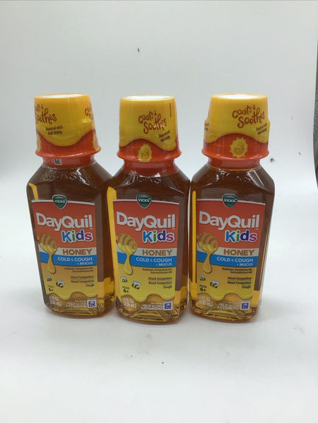 (3) Vicks DayQuil Kids Honey Cold & Cough + Mucus 8 fl oz Ea Ages 6+ 11-24/25